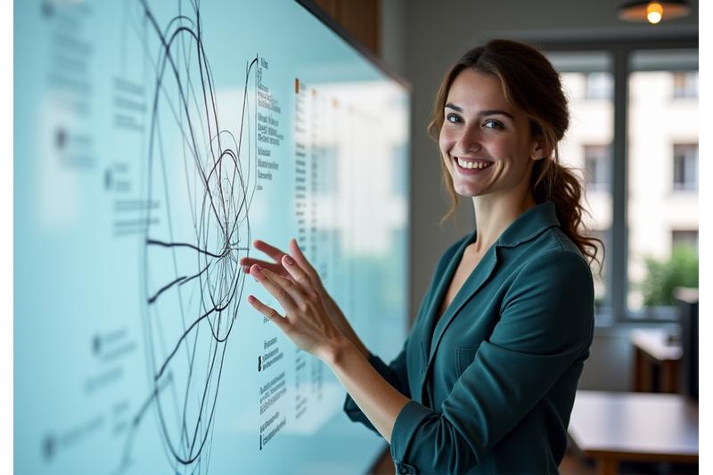 Dr. Sarah Martin, fondatrice d'axumsat, souriante devant un tableau blanc avec des schémas de santé mentale digitale.