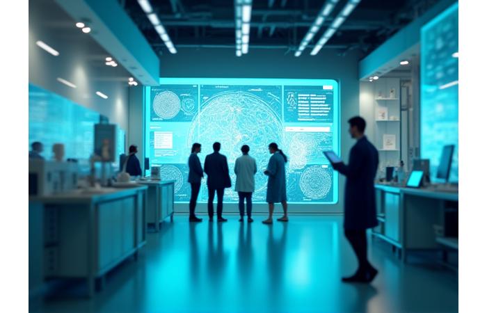 Vue moderne d'un laboratoire de recherche avec un écran tactile affichant des visualisations de données de santé mentale, des chercheurs travaillant en arrière-plan.