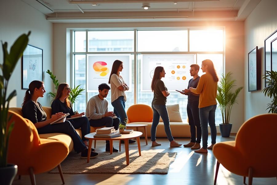 Une équipe diversifiée et souriante d'axumsat travaillant ensemble dans un bureau moderne et lumineux, symbolisant la collaboration et la bienveillance.